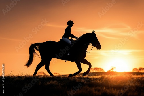 Horseback Harmony A rider and their majestic horse gallop across a field at sunset © Parkpoom