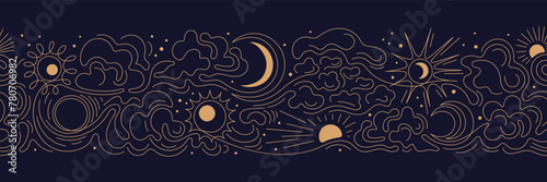 Sun, moon, line cloud border. Night esoteric sky