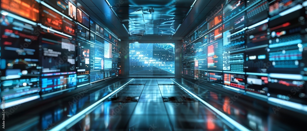 Obraz premium A digital news stream in 3D, showcasing future technology breakthroughs with a large, empty area for additional content