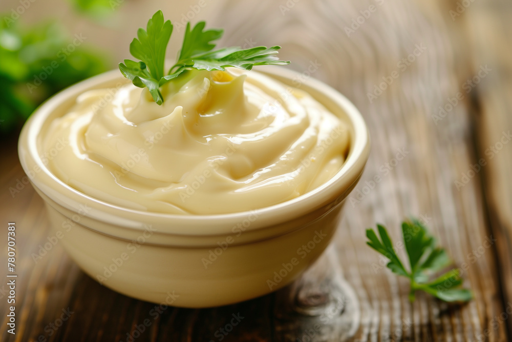 A creamy bowl of mayonnaise garnished with fresh parsley, perfect for gourmet meals and homemade cooking A creamy bowl of mayonnaise garnished with fresh parsley, perfect for gourmet meals and homemade cooking