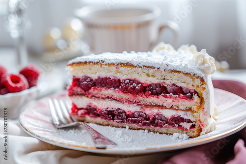 A delicious slice of layered berry cake featuring rich cream and fresh raspberries and blackberries between soft layers of sponge cake.  photo