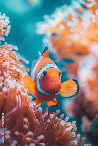 A playful clownfish, its stripes stark, amidst the soft coral hues of an underwater background photo
