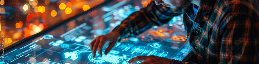 A theme park designer creating an attraction with holographic storyboards, mapping out the visitor experience in detail A theme park designer creating an attraction with holographic storyboards, mapping out the visitor experience in detail