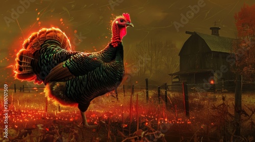 A turkey with a glowing red wattle strutting around the barnyard, its presence lighting up the farm scene photo