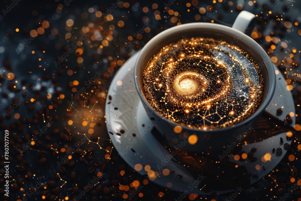 Coffee Grounds Cosmos A cup of coffee with swirling grounds forming constellations