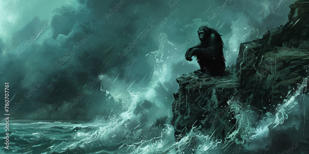 Obraz premium Chimpanzee necromancer on an isometric cliff overlooking a stormy sea, conjuring spirits