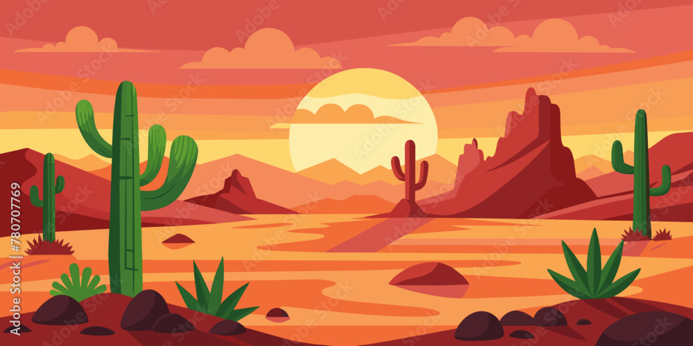 a desert landscape with cacti and flowers growing around for banners and websites