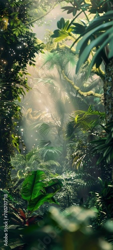 Biologist with microscopic cells imposed on lush, exotic rainforests photo