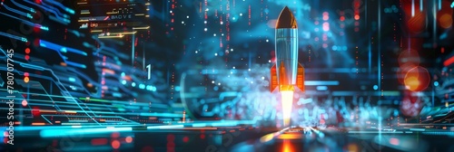 Bitcoin rocket launching from a virtual platform, surrounded by digital data streams and neon lights, capturing the essence of tech-driven finance photo