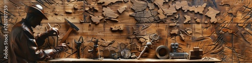 Carpenter with wood grains and tool silhouettes imposed over a creative workshop photo