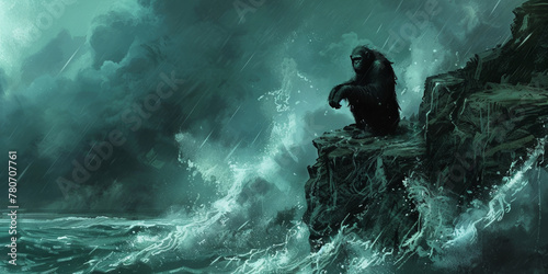 Chimpanzee necromancer on an isometric cliff overlooking a stormy sea, conjuring spirits