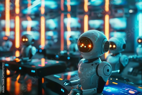 Cute robots in a 3D futuristic classroom, engaging in interactive holographic learning modules under neon lights