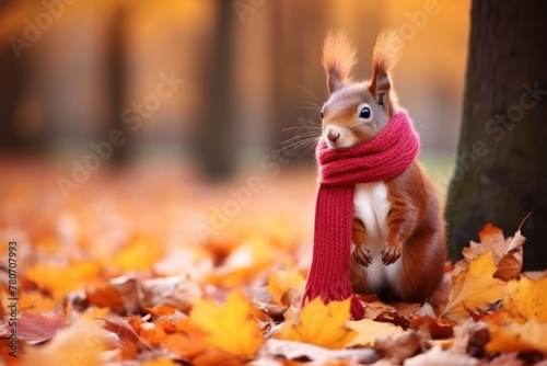 Cute little squirrel wearing scarf in the background of the autumn forest. Funny squirrel in beautiful Fall landscape. Sciurus vulgaris. Autumn scene. Photo with copy space. © Stavros