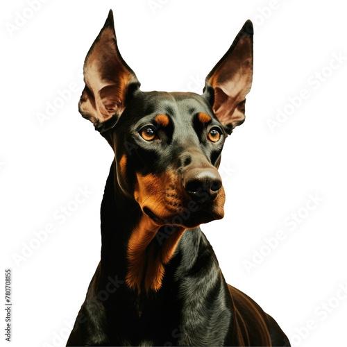 Doberman gazes into camera , showcasing its pointed ears and whiskers