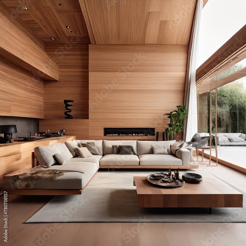 Modern luxury house interior: An amazing luxury house with wooden walls and floors, and a large screen on the wall."