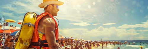 Lifeguard with rescue gear overlaying a sunny, crowded beach scene photo