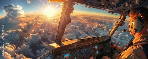 Pilot with a cockpit view blended into expansive sky and clouds at altitude photo