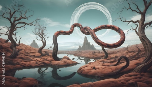 A-Snake-In-A-Surreal-Landscape-With-Twisted-Trees-