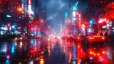 A vibrant cityscape in the rain, with streaks of traffic lights creating a bokeh effect on a wet urban street. Generative AI