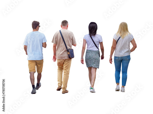 Groupe de quatre personnes d'environ 25 à 30 ans, en promenade, vu de dos, c'est l'été, sur fond transparent  photo