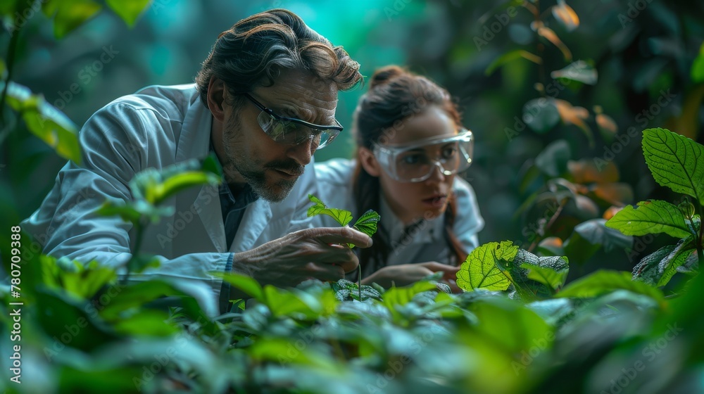 In the forest, scientists are studying plant species. Scientists with magnifying glasses look at leaf specimens. An ecologist in the forest takes plant samples. - obrazy, fototapety, plakaty 