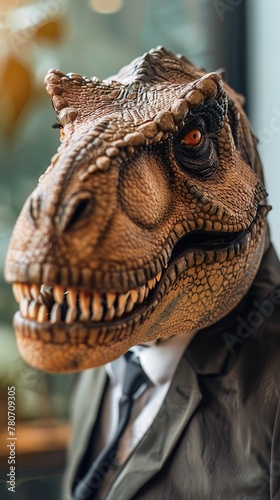 Detailed shot of a Tyrannosaurus rex as a CEO, emphasizing commanding leadership and decisionmaking, perfect for executive management themes