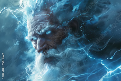 Zeus the Greek god of thunder and lightning with glowing eyes, close-up of face