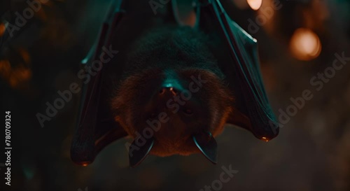 Close focus on a bat hanging upside down, with cave details softly blurred photo