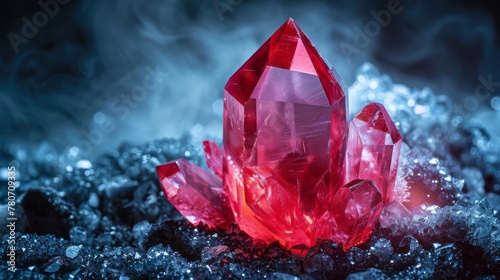 Photorealism of A stunning deep red crystal emerges with sharp clarity from a contrasting bed of quartz, highlighting the gem's rich color and geometric perfection,high quality shot