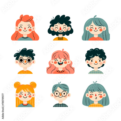 Portrety ludzi. Różne twarze i fryzury. Zabawne postacie. Awatar, urocze komiksowe buzie. Ręcznie rysowane ilustracje wektorowe.