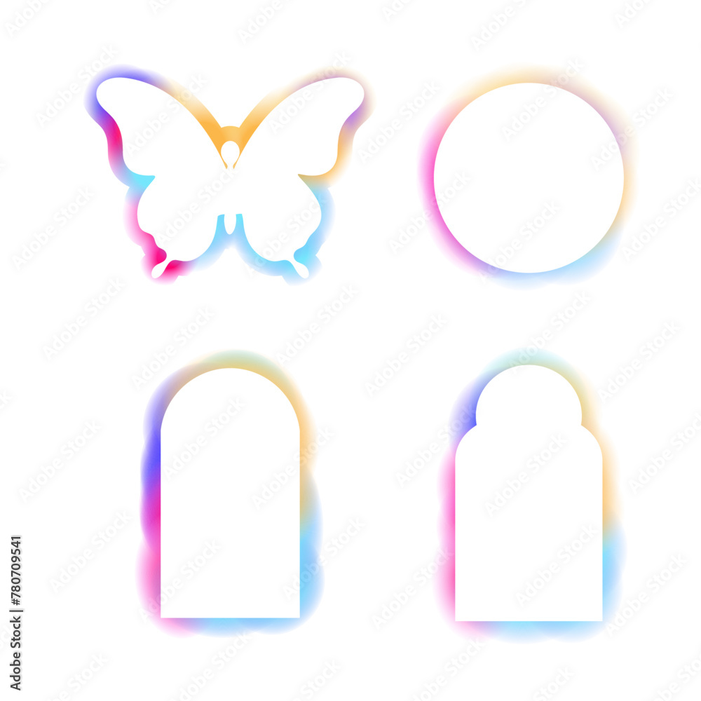 Y2k frame abstract arch, spectrum butterfly glow aura blur shapes, borders, rainbow spectrum shine color isolated on white background. 