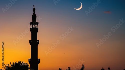 The silhouette of a minaret against a dusk sky  with the call to prayer echoing in the distance