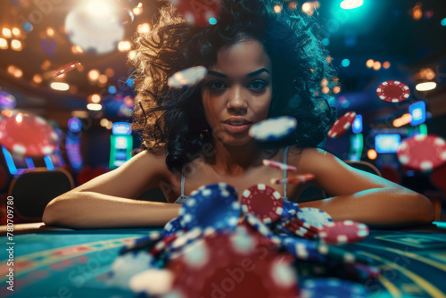 young african woman sitting at casino table with many poker chips flying around, black female gambling and winning, looking confident and attractive, gamble establishment concept