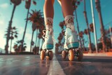 close up cropped female legs in rollerskates on a road with palm trees around, female wearing roller blades on athletic legs with copy space, mockup for rollers advertising