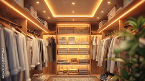 A clean and tidy look of a wardrobe with clothes, a luxurious dressing room with many shelves, in a modern home. Order, storage of things concept. © Katerina Bond