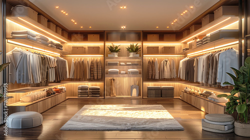 A clean and tidy look of a wardrobe with clothes, a luxurious dressing room with many shelves, in a modern home. Order, storage of things concept. photo