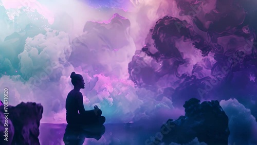 Beautiful woman sits in a pose of a half lotus on high place , she practicing yoga meditation glowing seven all chakra eyes closed calm. Kundalini energy. chakras glowing in galaxy 4k video meditation photo