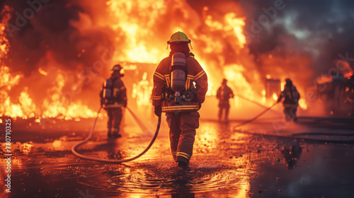 Firefighters extinguish a fire using water hoses, with a scene of burning flames and smoke in the background. Dangerous work concept.