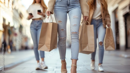 The young beautiful woman is walking after successful shopping after carrying a shopping bag and telling a woman holding a mobile phone directions in the city.