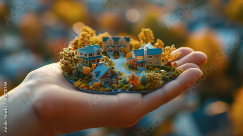 Miniature Model Neighborhood Cradled in Hand, Suburban Utopia © Svetlana