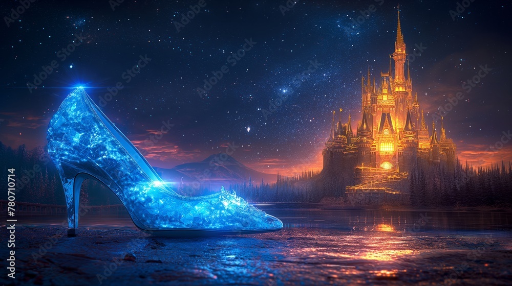 Fototapeta premium cinderella's crystal slipper on the background of a fairy castle
