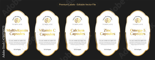 Dietary supplement multivitamin label design vitamin C, calcium label, zinc label design, omega-3 supplement packaging design illustration editable print ready file download