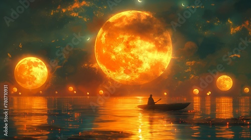 man on the boat among many glowing moons floating on the sea