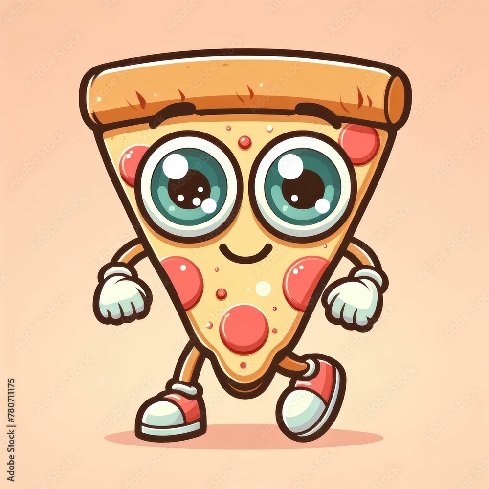 This is an adorable illustration of a pizza slice character with big, bright eyes, walking and spreading cheer, perfect for food-themed designs.