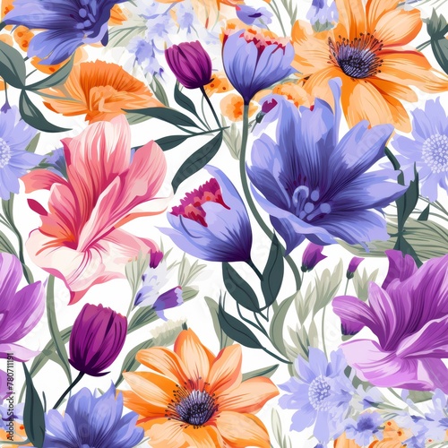 Colorful floral pattern with a mix of orange  purple  and pink flowers on a white background. Seamless design of vibrant assorted flowers and greenery for textiles or wallpaper.