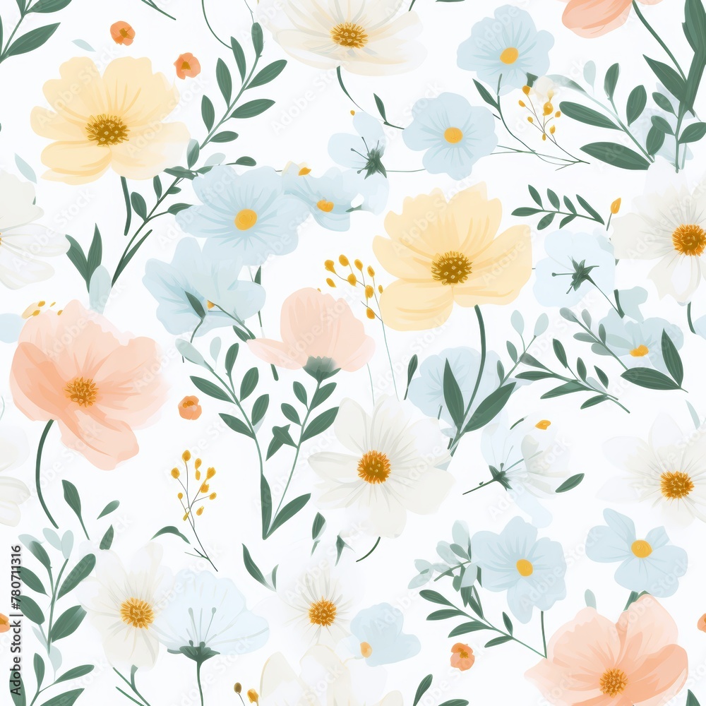 Rich bouquet print with blue, yellow, and white blooms on a white background, emplate for bed linen fabric wrapping paper.