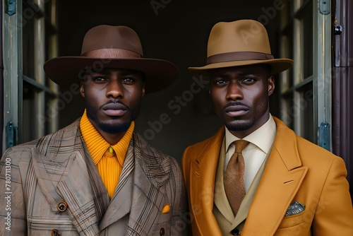 Stylish African American male models showcasing hats and suits in a photoshoot. Concept Fashion Photoshoot, Stylish Models, African American, Hats, Suits © Anastasiia