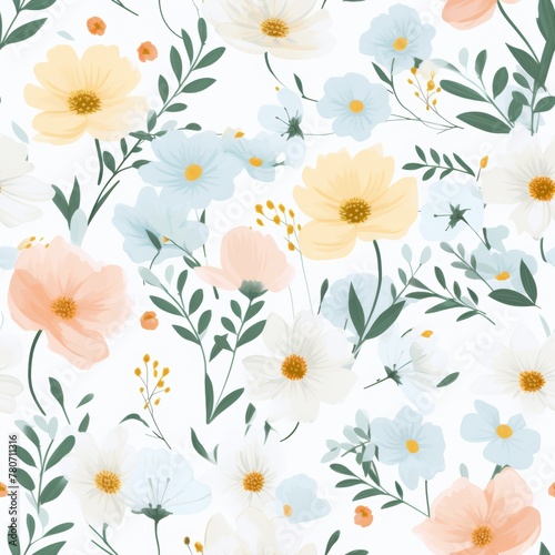 Rich bouquet print with blue, yellow, and white blooms on a white background, emplate for bed linen fabric wrapping paper. © Natalya