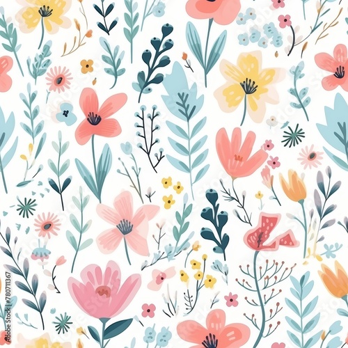Illustration of assorted pink wildflowers and leaves, seamless nature design. Template for bed linen fabric wrapping paper. © Natalya