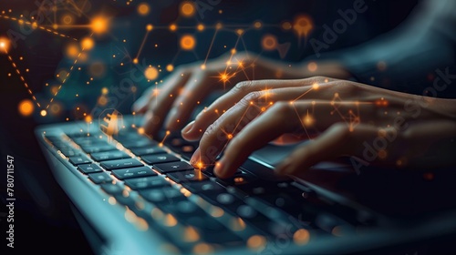 Closeup hands coding on a laptop keyboard, highlighting digital innovation